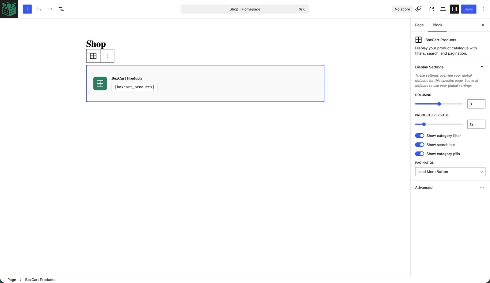 A BoxCart Gutenberg block with its live settings panel in the editor
