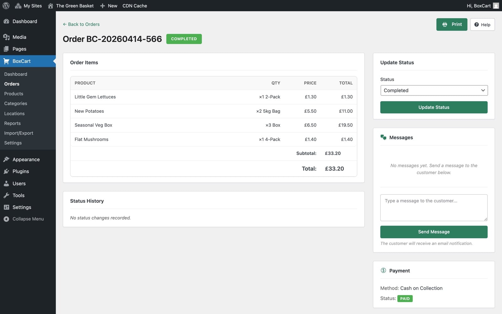 A single order with items, status and a message box
