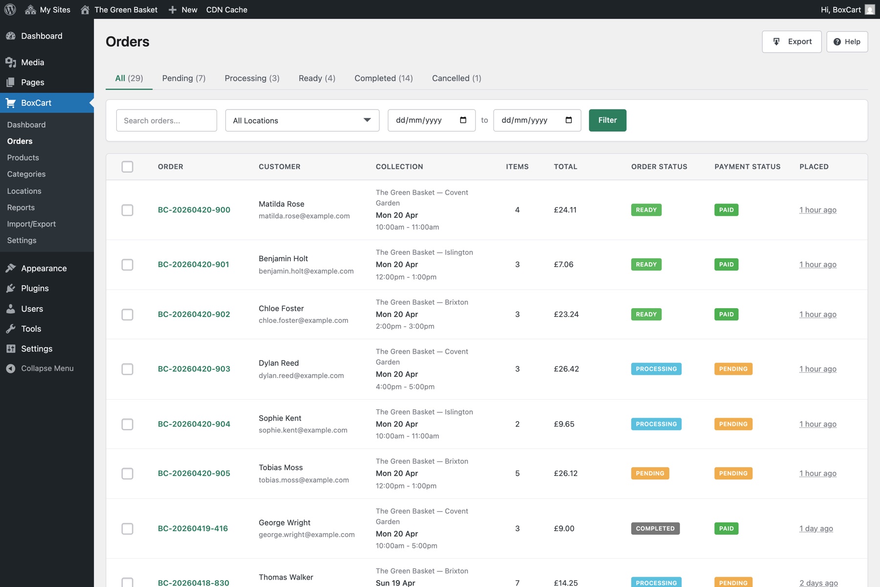 BoxCart admin — Orders screen