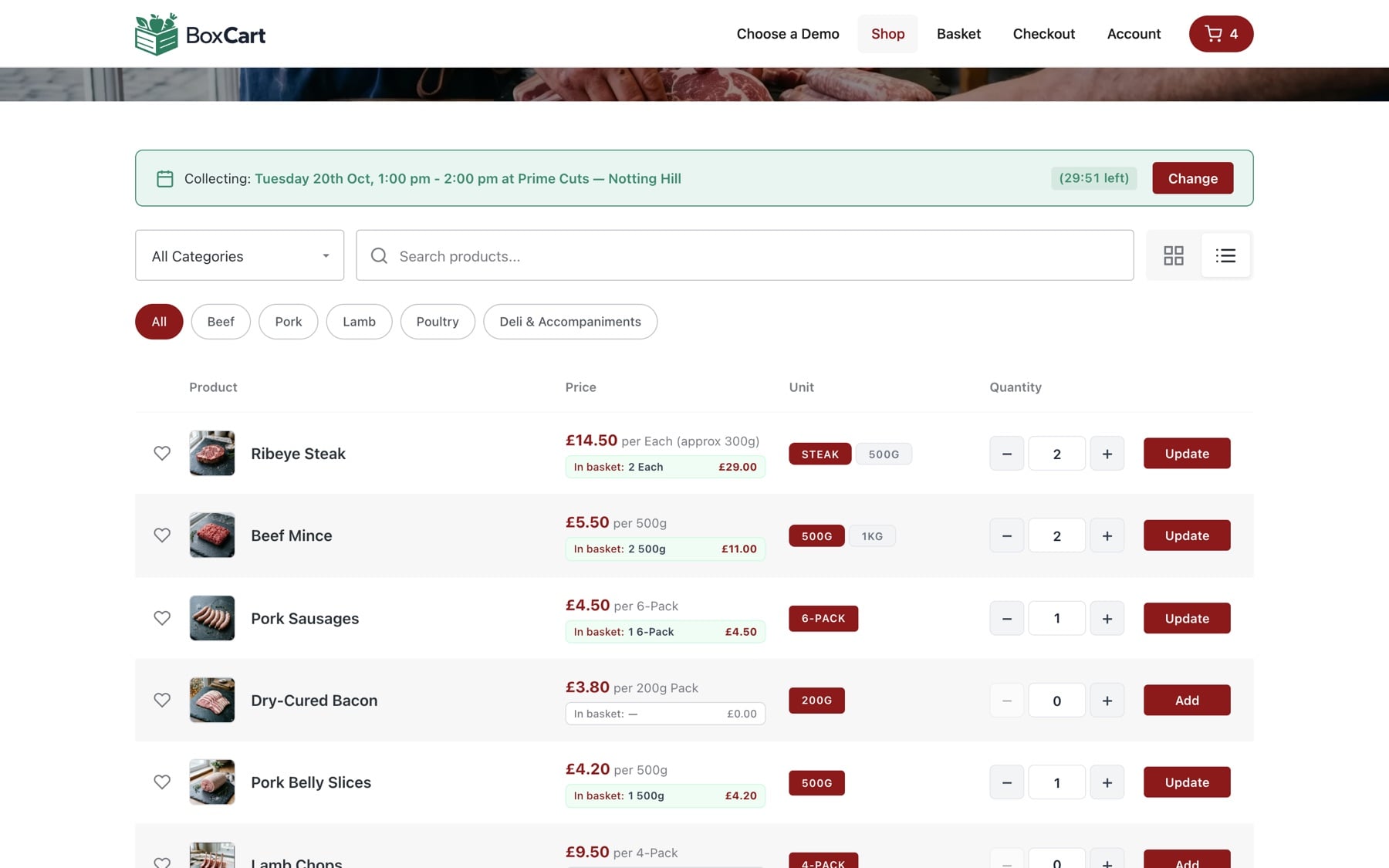 A butcher's ordering shop in list view, with quantities and basket totals