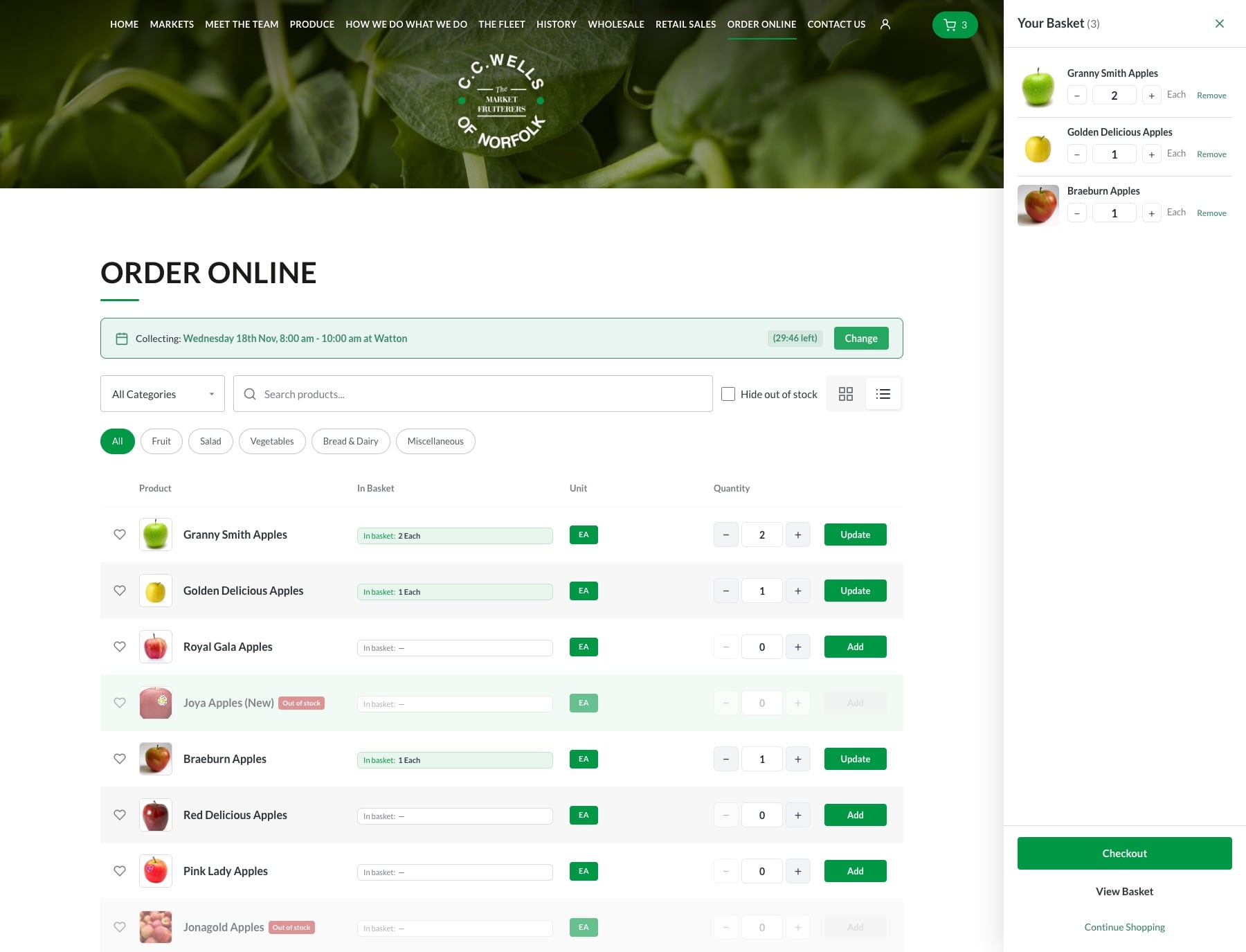 The C.C. Wells Order Online page: apples in a list, three in the basket, collecting from Watton