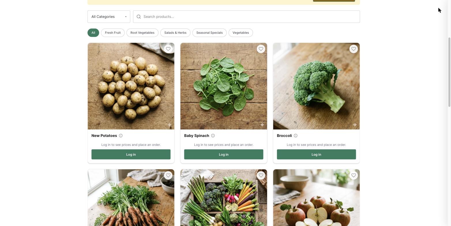 Storefront with members-only pricing enabled: prices and add-to-basket replaced with a log-in prompt