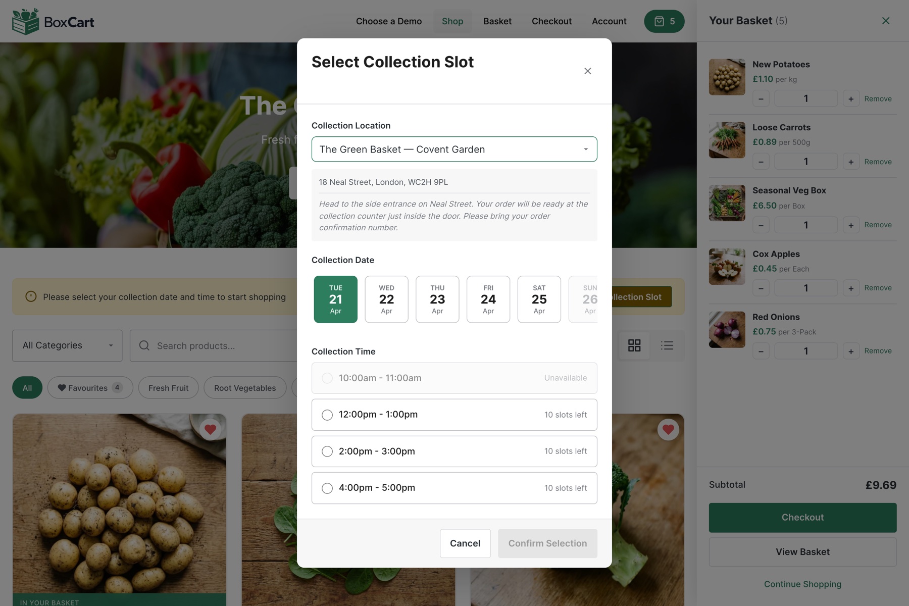 Customer-facing location and time slot picker