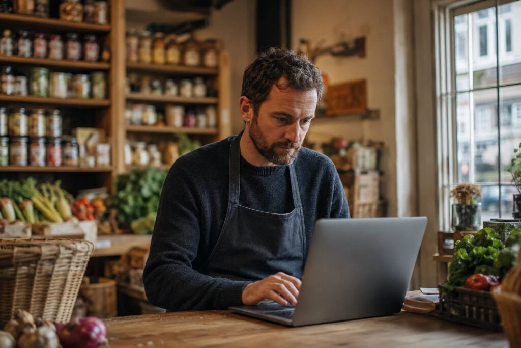 A shopkeeper in an apron working on a laptop at the counter of an independent food shop, shelves of produce behind
