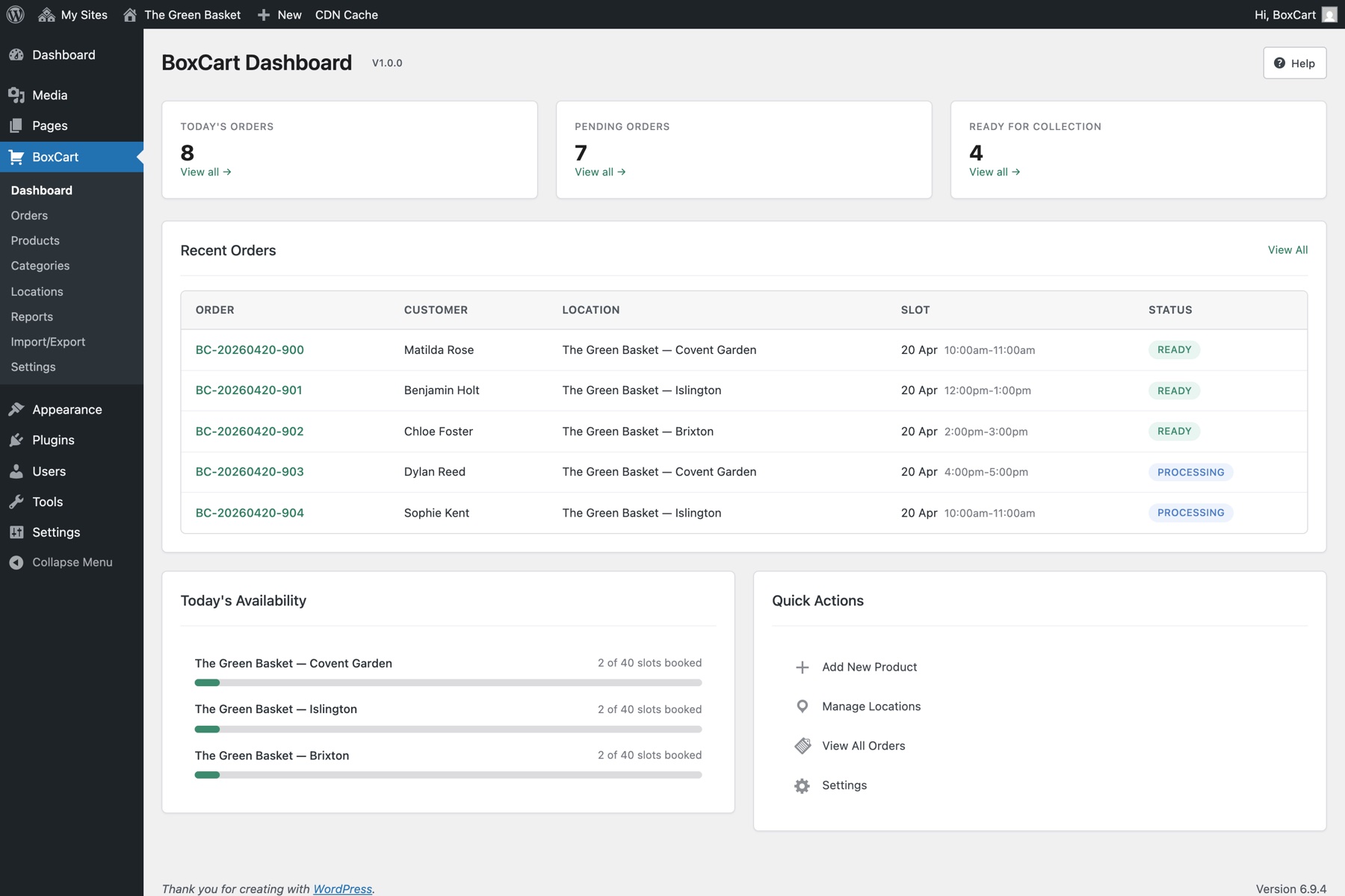 The BoxCart order dashboard showing today's collections in time order