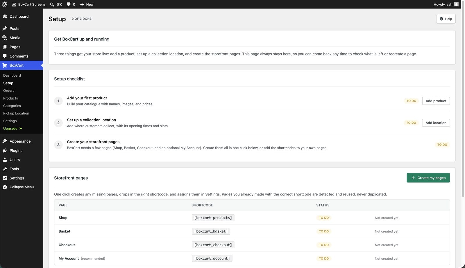 BoxCart guided setup creating the Shop, Basket, and Checkout pages in one click