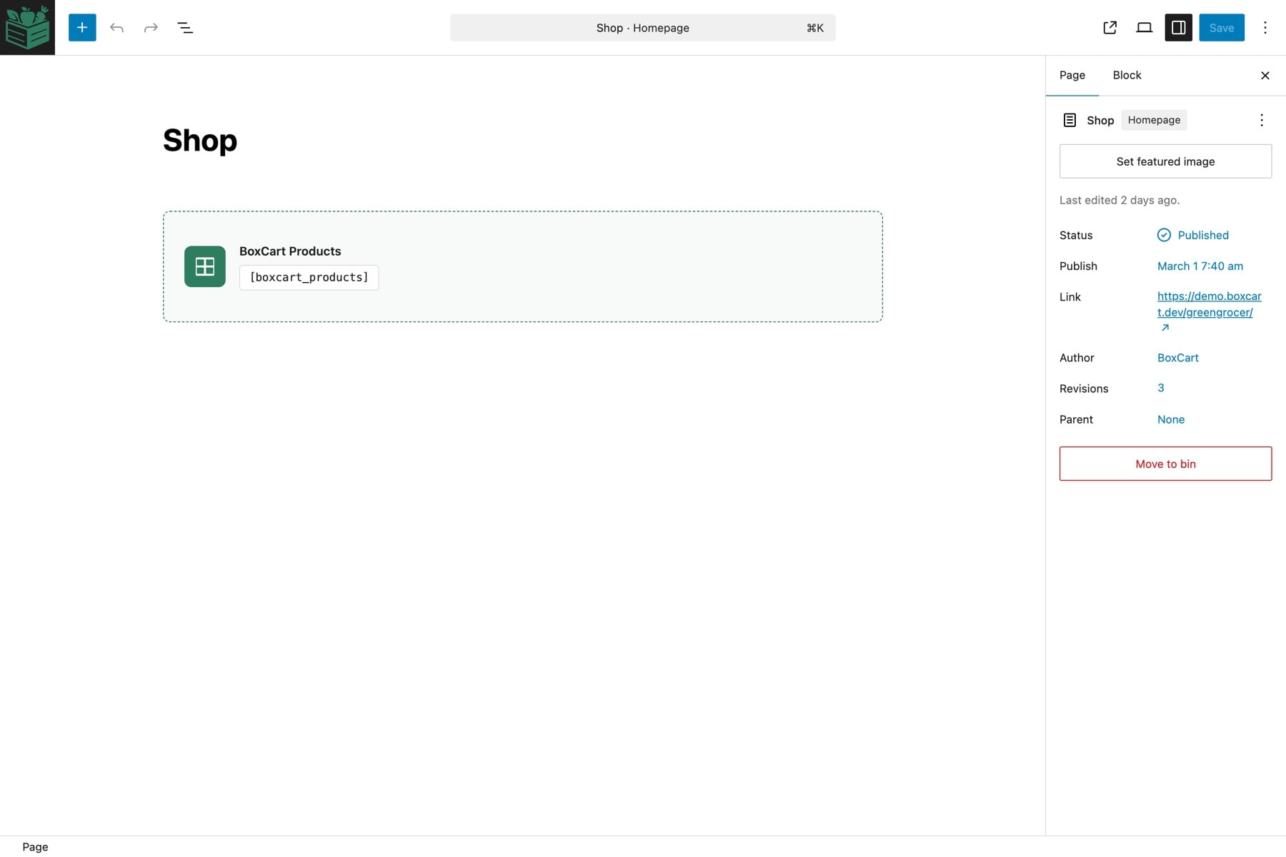 The BoxCart Products block placed on a normal WordPress page in the block editor