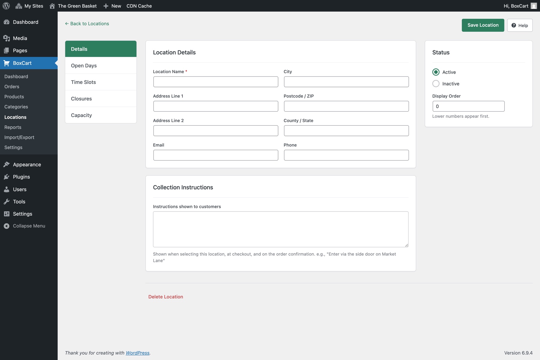 Editing a pickup location in BoxCart with address, collection instructions, and opening days