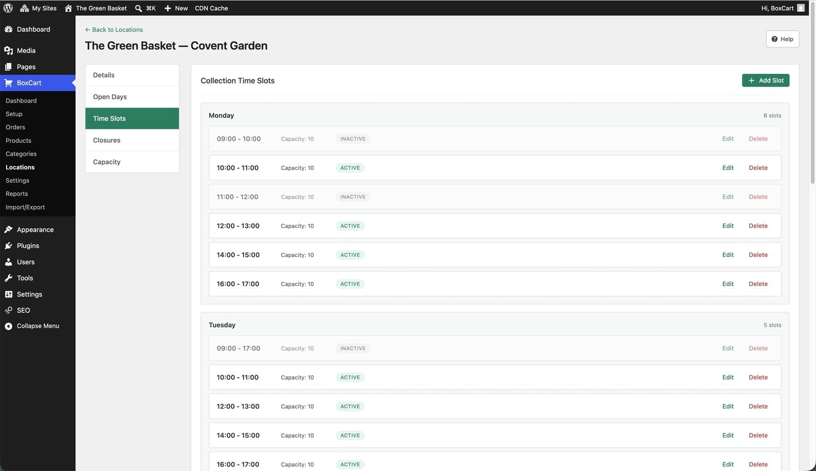 BoxCart collection time slots with per-slot capacity in the location settings