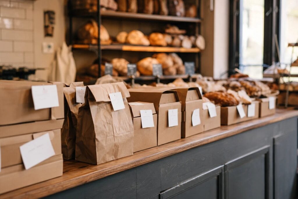 Labelled paper bags and boxes of bakery pre-orders lined up along the counter ready for collection, with bread on the shelves behind