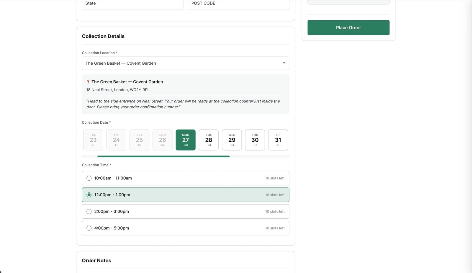 The BoxCart checkout showing a customer choosing a collection date and time slot