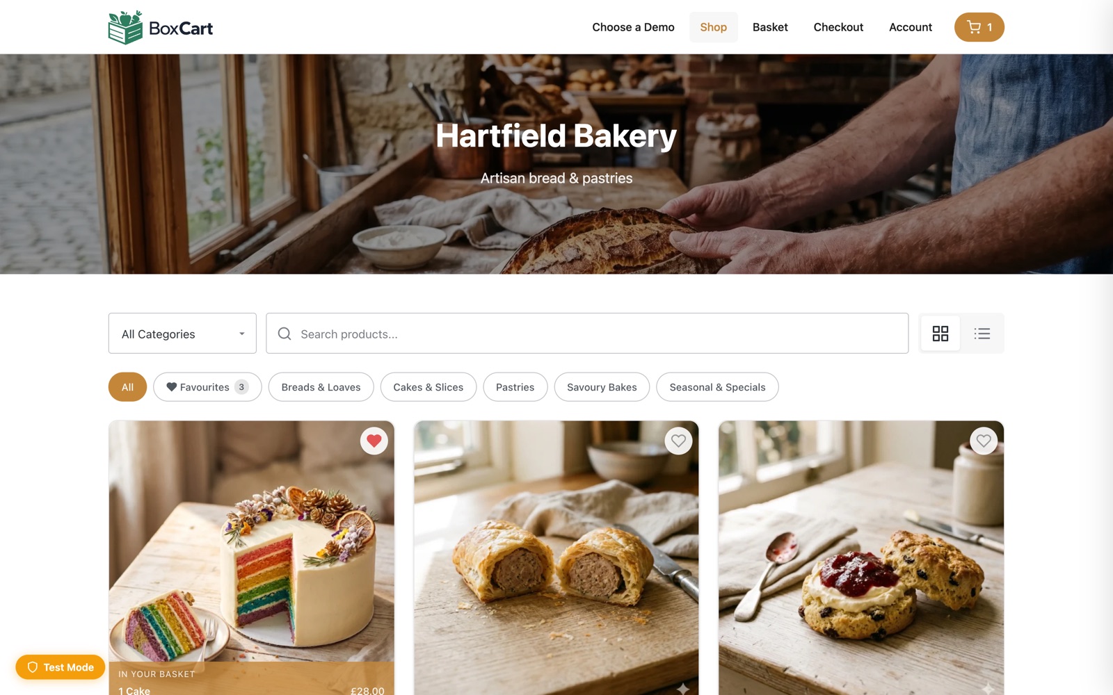 A bakery storefront built with BoxCart, showing bakes as product cards with photos and prices