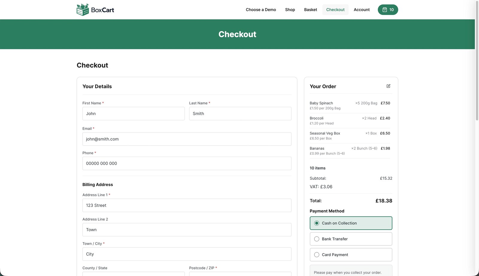 BoxCart checkout payment options showing cash on collection, bank transfer, and card