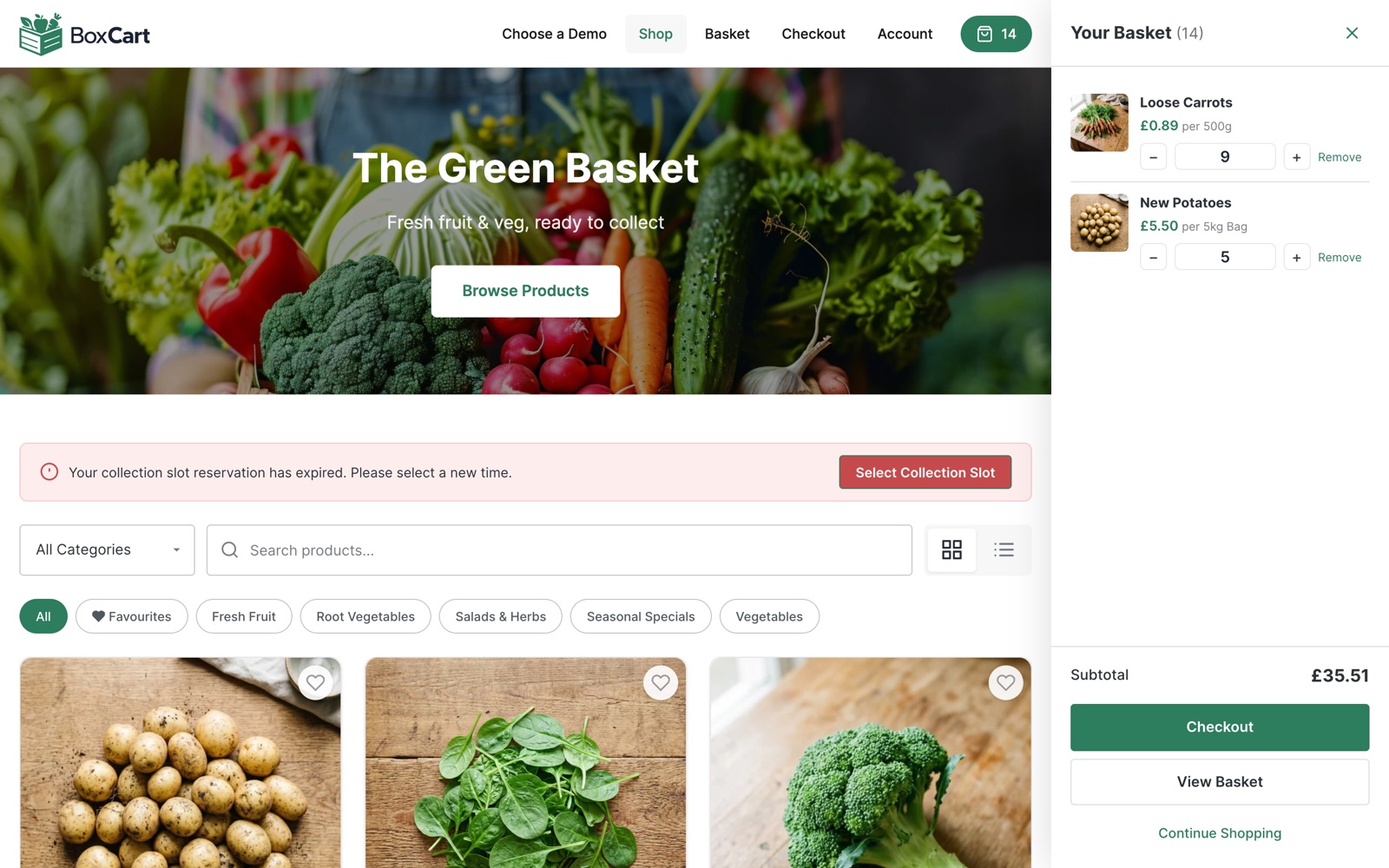 A fresh produce storefront built with BoxCart, with categories, search, and product cards