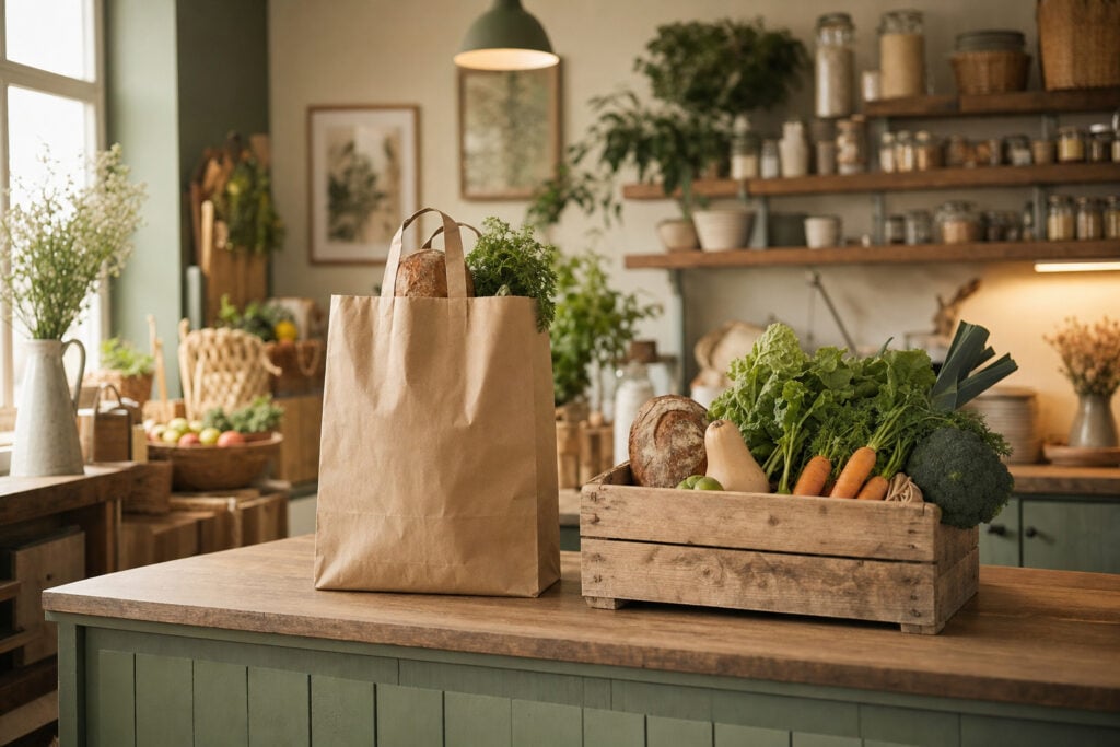 Brown paper bag and a wooden crate of fresh vegetables and bread on a farm shop counter, ready for collection