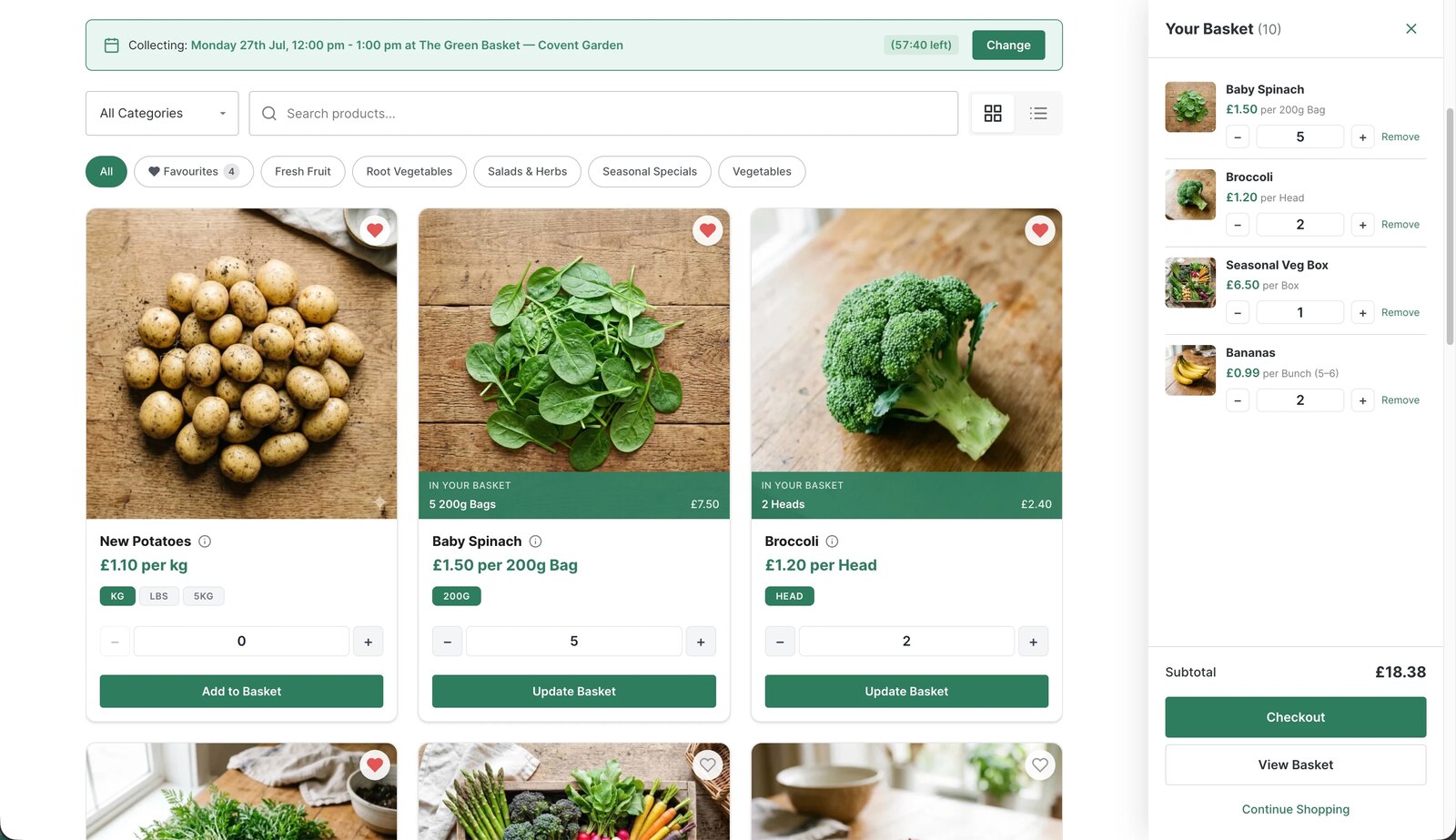 A BoxCart card-view storefront with the mini-basket open