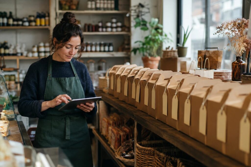 A shop worker checking a collection schedule on a tablet by the pickup shelf