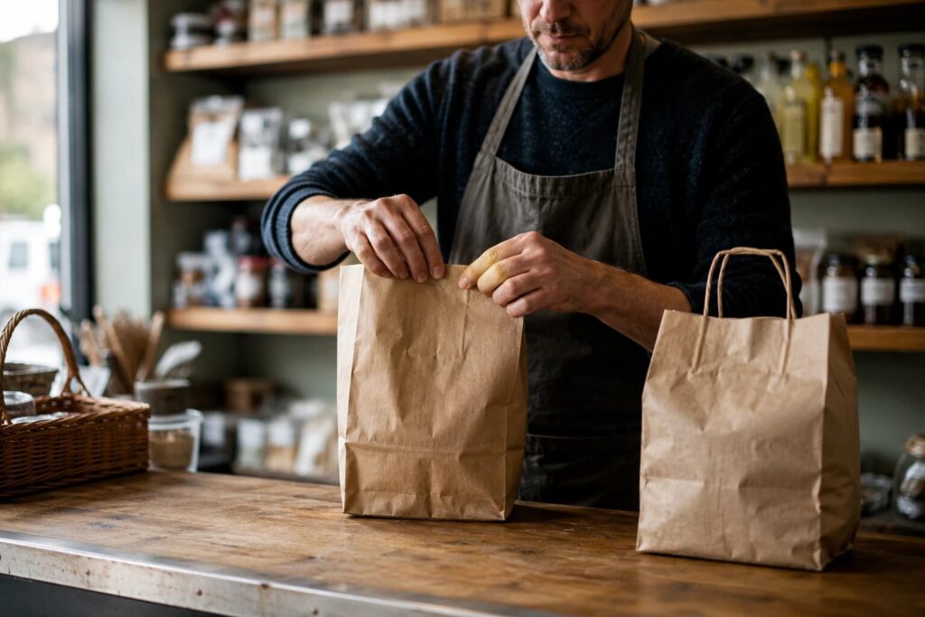 A small independent shop owner packing a collection order at a tidy counter