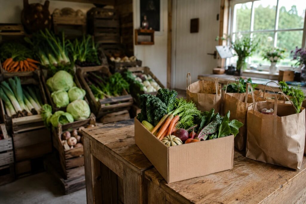 A farm shop with veg boxes and produce weighed out ready for collection