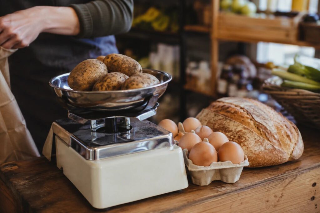 Loose produce being weighed on a scale beside packed and single items