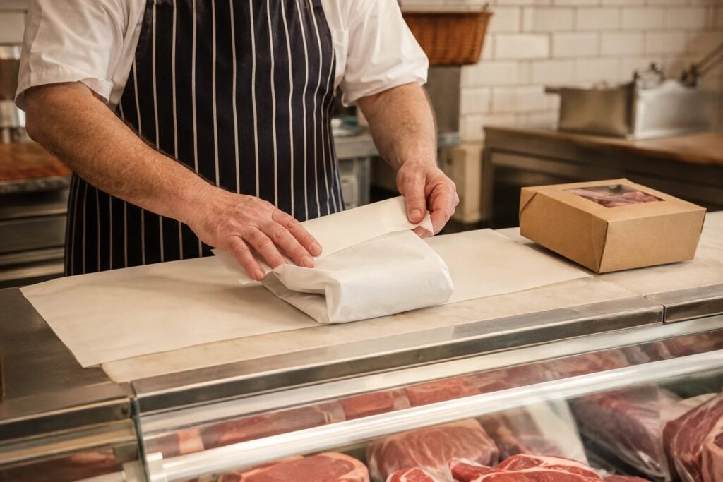 A butcher in a striped apron wrapping a cut of meat in paper at the counter, with a boxed order ready beside him