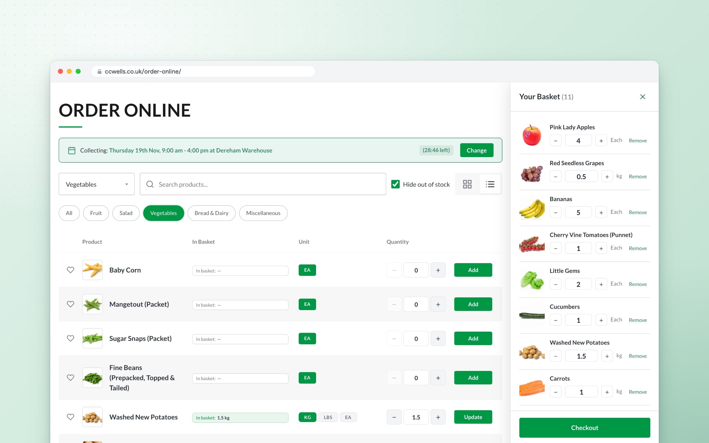 The C.C. Wells Order Online page in a browser: a list of vegetables beside a basket of eleven items, ready for checkout
