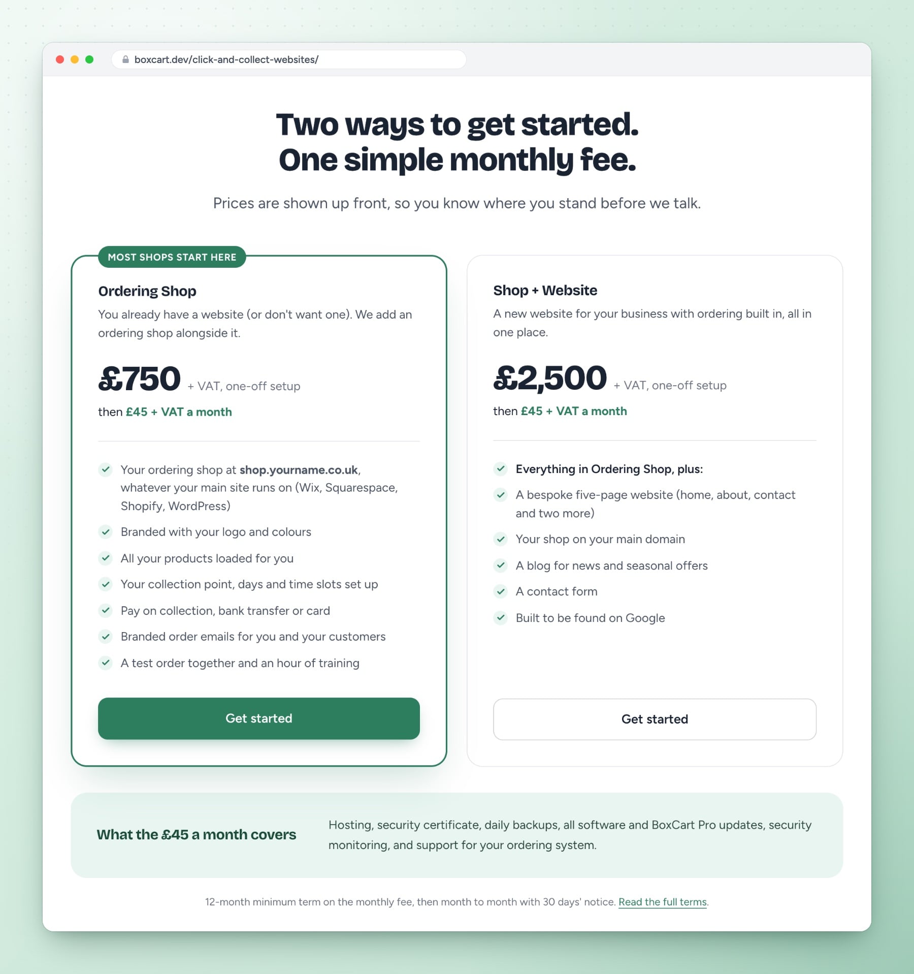 The two Click & Collect Websites packages: Ordering Shop at £750 + VAT setup and Shop + Website at £2,500 + VAT setup, each then £45 + VAT a month, and what the monthly fee covers