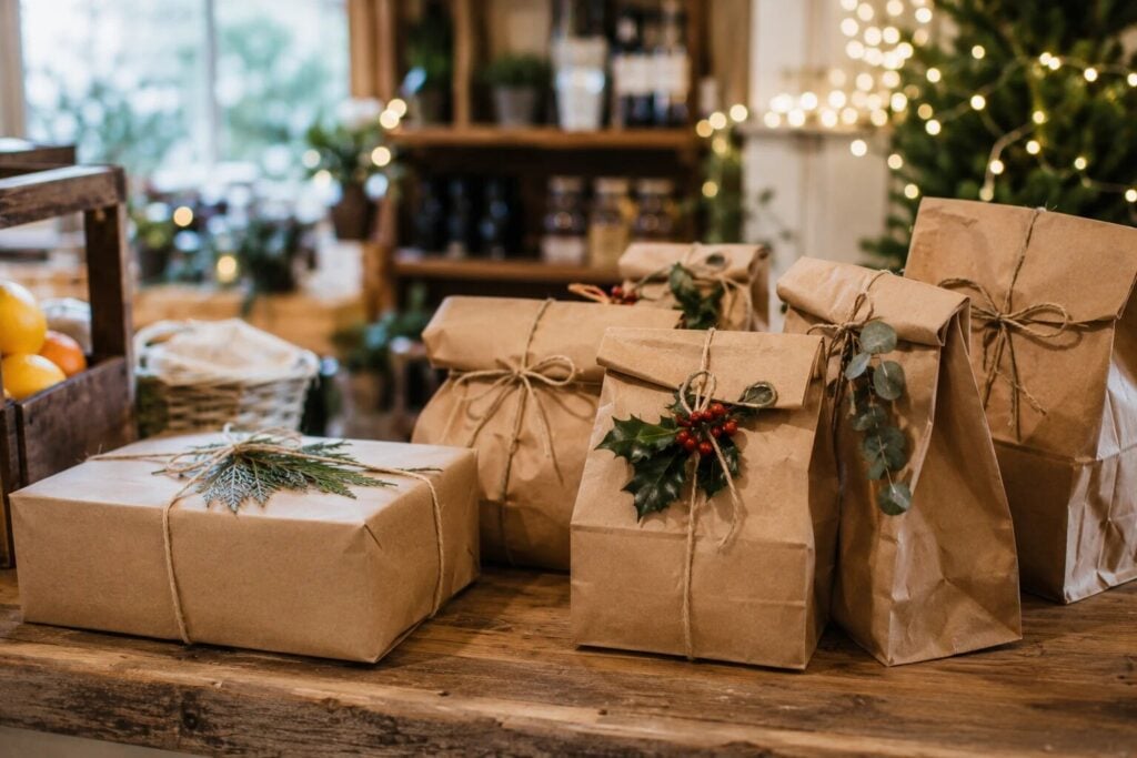 Festive shop counter with wrapped orders ready for Christmas collection